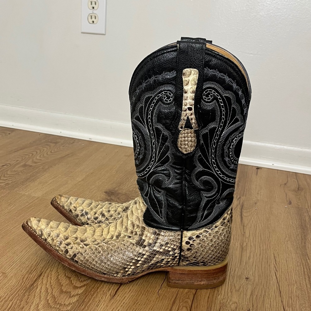 Vintage Mens Snakeskin Cowboy Boots Exotic Western‎ Black Leather Accents